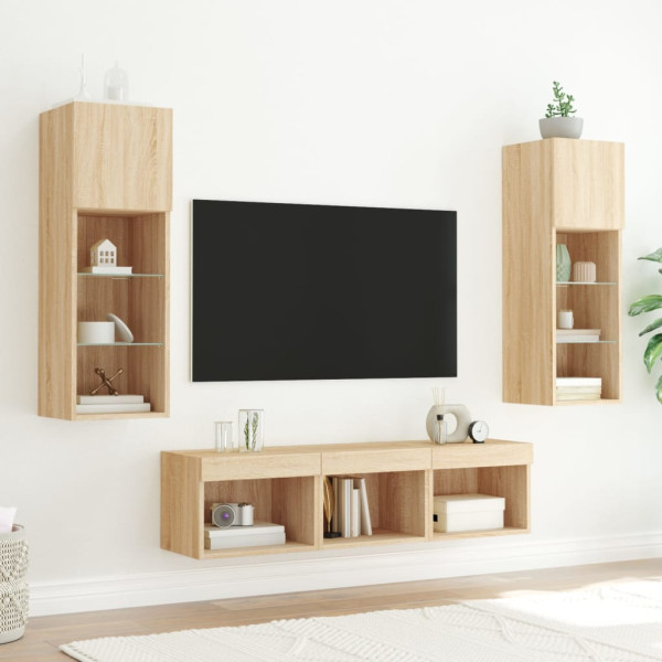 Muebles TV pared con LED 5 pzas madera ingeniería roble Sonoma M 3