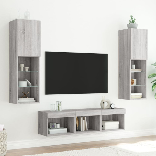 Muebles TV pared con LED 5 pzas madera ingeniería gris Sonoma M 3