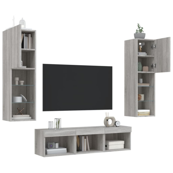 Muebles TV pared con LED 5 pzas madera ingeniería gris Sonoma M 4