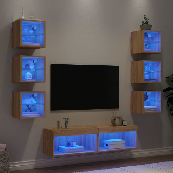 Muebles TV pared con LED 8 pzas madera ingeniería roble Sonoma D