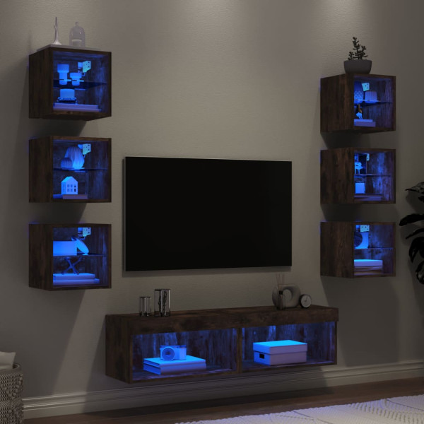 Muebles TV pared con LED 8 pzas madera ingeniería roble ahumado D