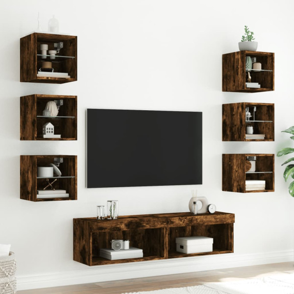 Muebles TV pared con LED 8 pzas madera ingeniería roble ahumado M 3