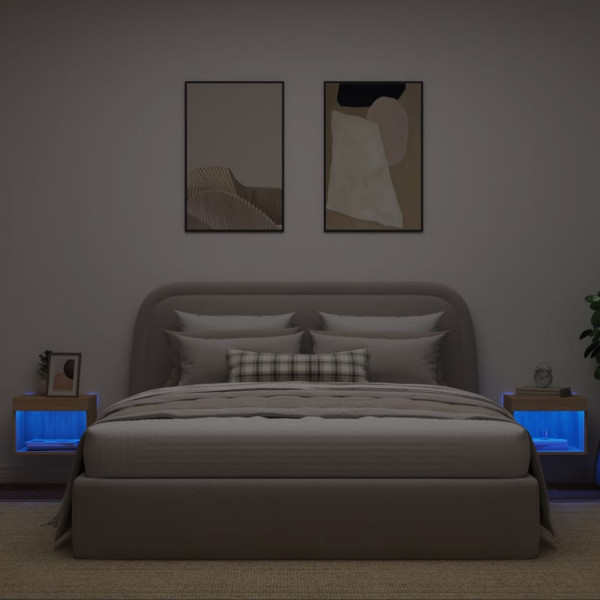 Mesitas de noche de pared con luces LED 2 unidades roble Sonoma M 4