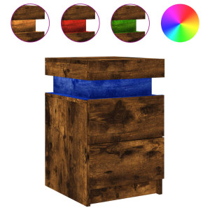 Mesita de noche con luces LED roble ahumado 35x39x55 cm H