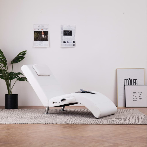 Chaise longue de massagem c/ almofada couro artificial branco M 5
