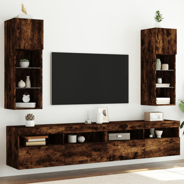 Muebles de TV con luces LED 2 uds roble ahumado 30.5x30x90 cm D