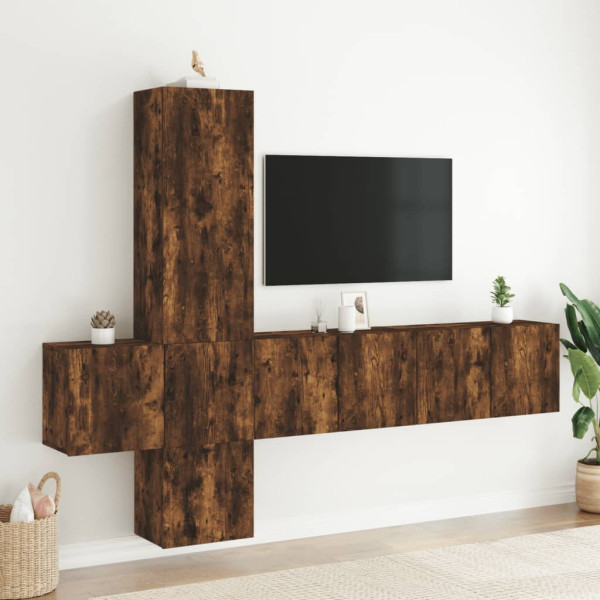 Muebles de TV de pared 5 pzas madera ingeniería roble ahumado M 3