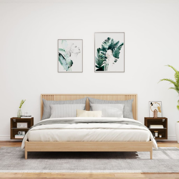 Mesitas de noche de pared con luces LED 2 unidades roble marrón M 4