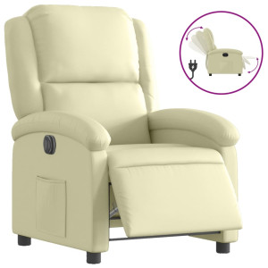 Sillón reclinable eléctrico de cuero auténtico blanco crema H
