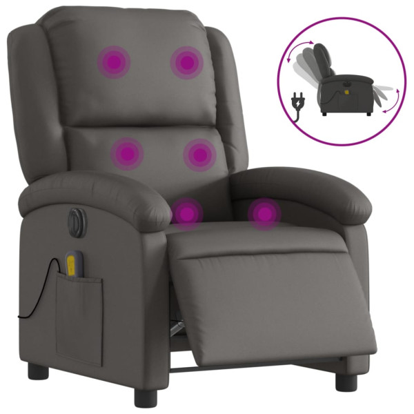 Sillón reclinable de masaje eléctrico cuero auténtico gris M 2