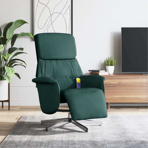 Sillón reclinable de masaje con reposapiés tela verde oscuro D