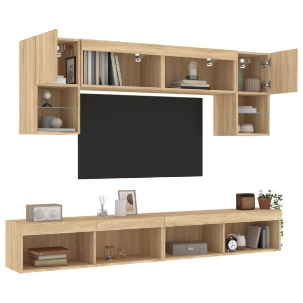 Muebles TV pared con LED 6 pzas madera ingeniería roble Sonoma D