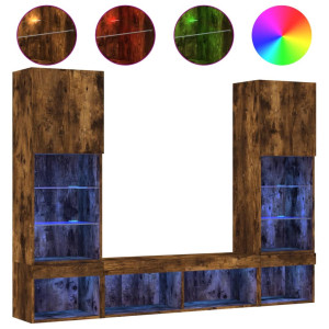 Muebles TV pared con LED 5 pzas madera ingeniería roble ahumado H
