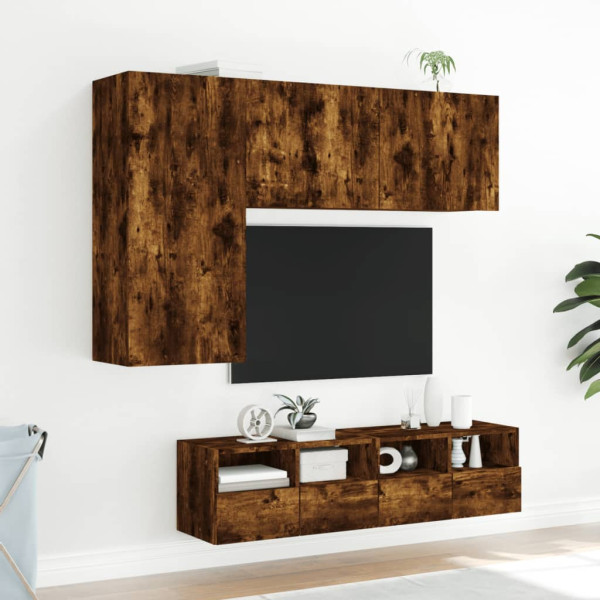 Muebles de TV de pared 4 pzas madera ingeniería roble ahumado M 3