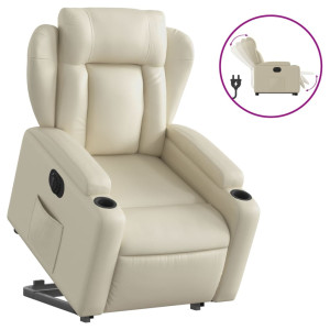 Sillón reclinable elevable eléctrico de cuero sintético crema H