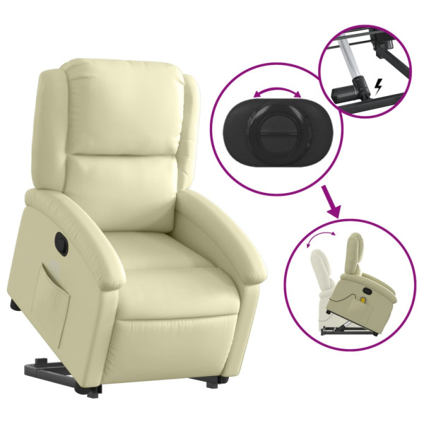 Sillón reclinable de masaje elevable cuero auténtico crema M 5