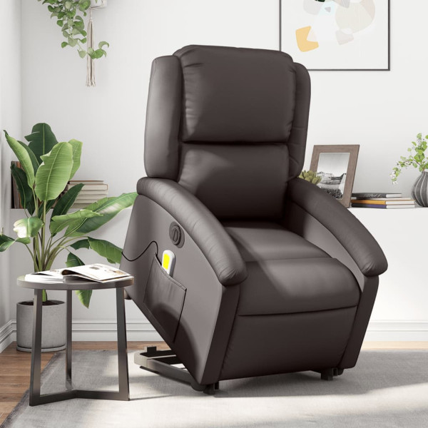 Sillón masaje eléctrico elevable cuero auténtico marrón oscuro D