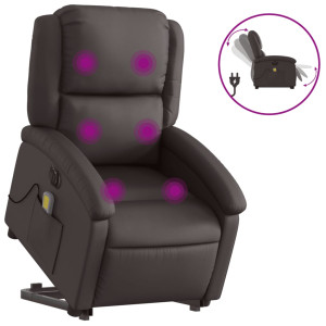Sillón masaje eléctrico elevable cuero auténtico marrón oscuro H