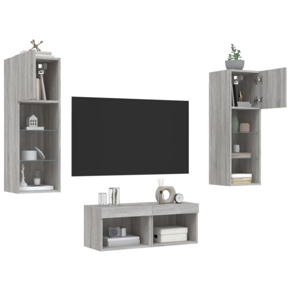 Muebles de TV de pared con luces LED 4 piezas gris Sonoma D