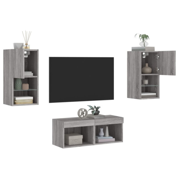Muebles de TV de pared con luces LED 4 piezas gris Sonoma D