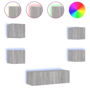 5 pcs móveis de parede para TV com luzes LED cinzento sonoma H