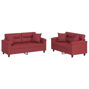 2 pcs conjunto sofás c/ almofadas couro artif. vermelho tinto H