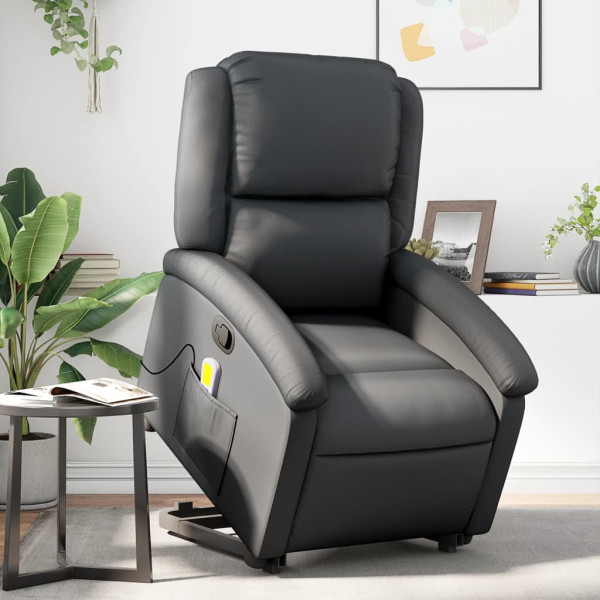 Sillón reclinable de masaje elevable cuero auténtico negro D