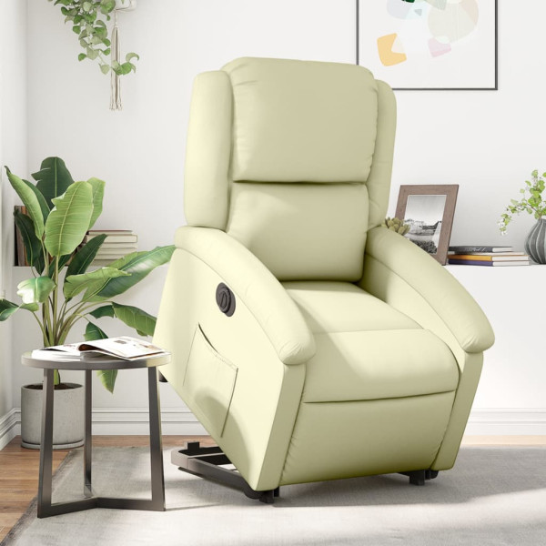 Sillón reclinable eléctrico elevable cuero auténtico crema D
