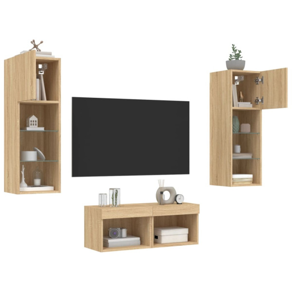 Muebles de TV de pared con luces LED 4 piezas roble Sonoma D