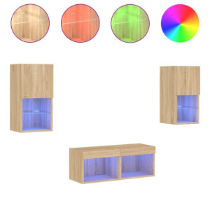 Muebles de TV de pared con luces LED 4 piezas roble Sonoma H