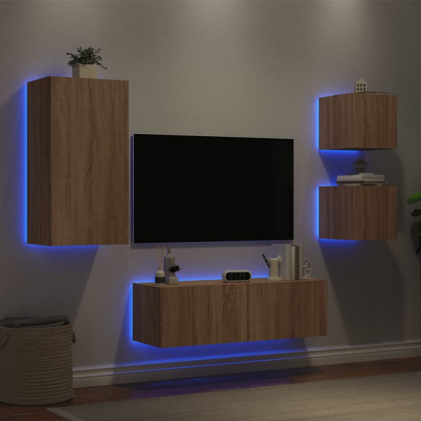 Muebles de TV de pared con luces LED 4 piezas roble Sonoma M 4