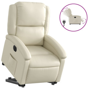 Sillón reclinable elevable eléctrico de cuero sintético crema H