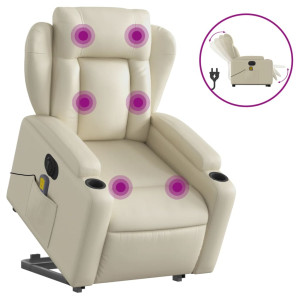 Sillón de masaje elevable eléctrico cuero sintético crema H