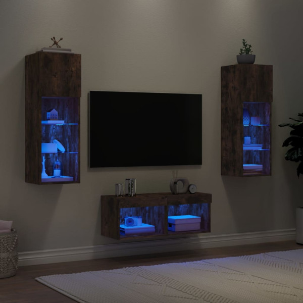 Muebles de TV de pared con luces LED 4 piezas roble ahumado M 4
