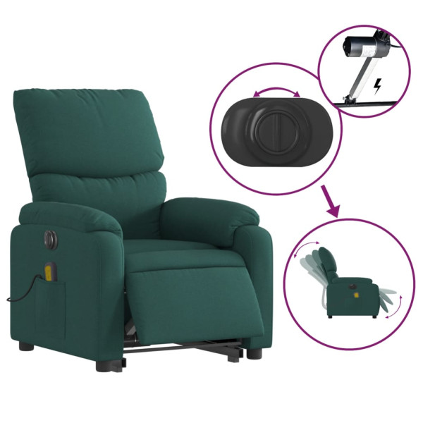 Sillón masaje eléctrico reclinable elevable tela verde oscuro M 5