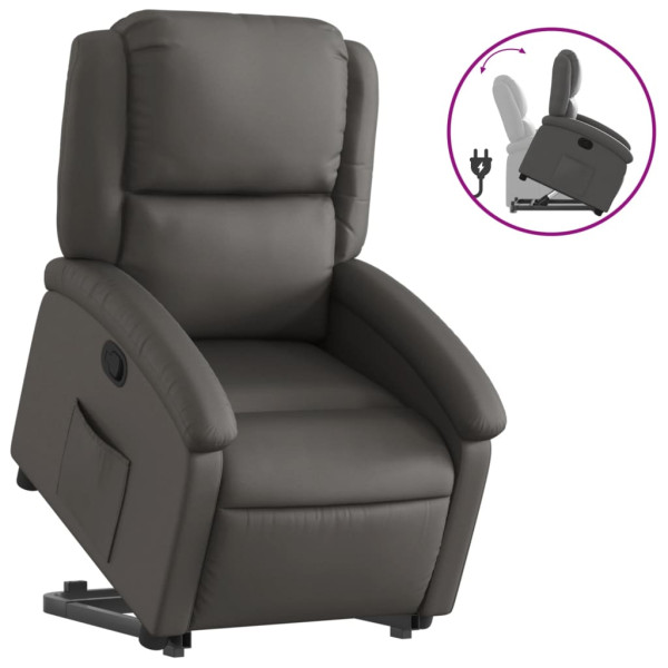 Sillón reclinable elevable cuero auténtico gris M 2