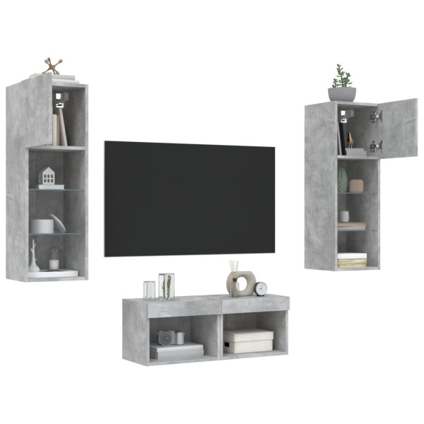 Muebles de TV de pared con luces LED 4 piezas gris hormigón D