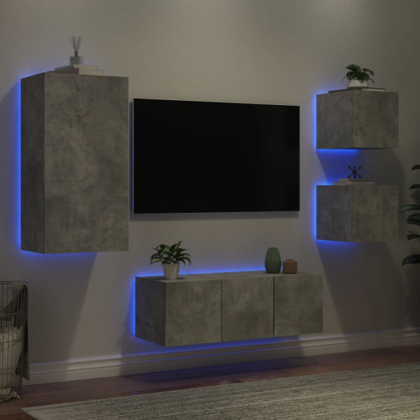 Muebles TV pared con LED 5 pzas madera ingeniería gris hormigón M 4