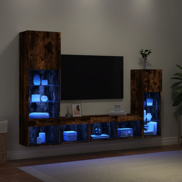Muebles TV pared con LED 4 pzas madera ingeniería roble ahumado M 4