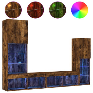 Muebles TV pared con LED 4 pzas madera ingeniería roble ahumado H