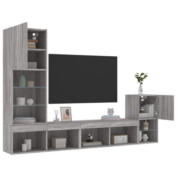 Muebles TV pared con LED 4 pzas madera ingeniería gris Sonoma D