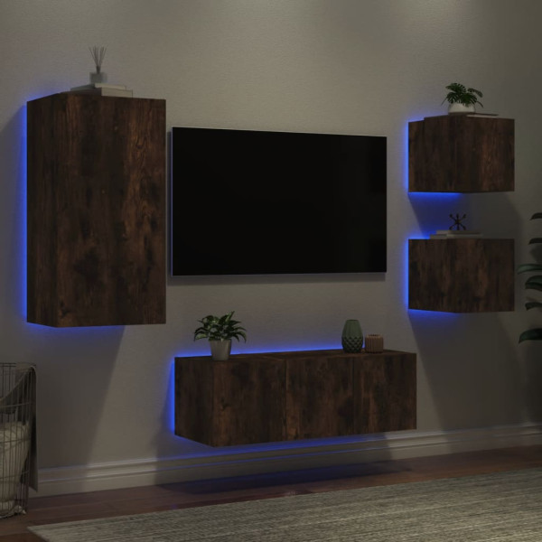 Muebles TV pared con LED 5 pzas madera ingeniería roble ahumado M 4