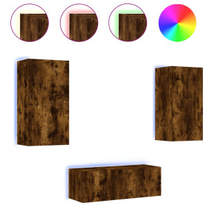 Muebles TV pared con LED 4 pzas madera ingeniería roble ahumado H