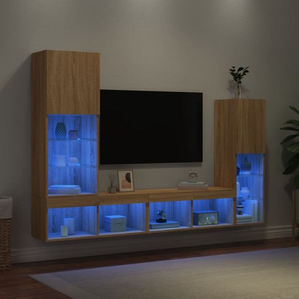 Muebles TV pared con LED 4 pzas madera ingeniería roble Sonoma M 4