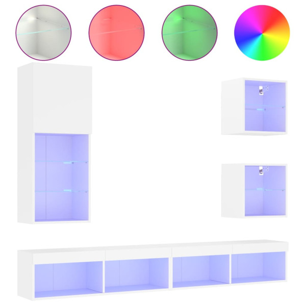 Muebles de TV de pared con LED 5 pzas madera ingeniería blanco M 2