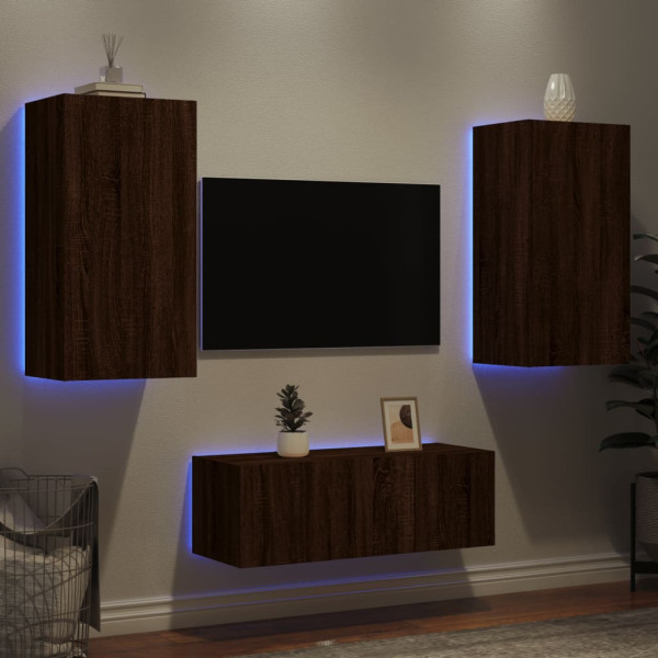 Muebles TV pared con LED 4 pzas madera ingeniería marrón roble M 4