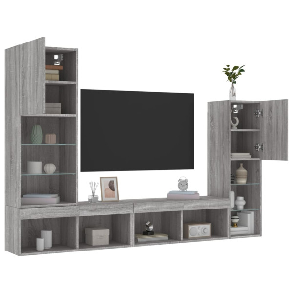 Muebles TV pared con LED 4 pzas madera ingeniería gris Sonoma D
