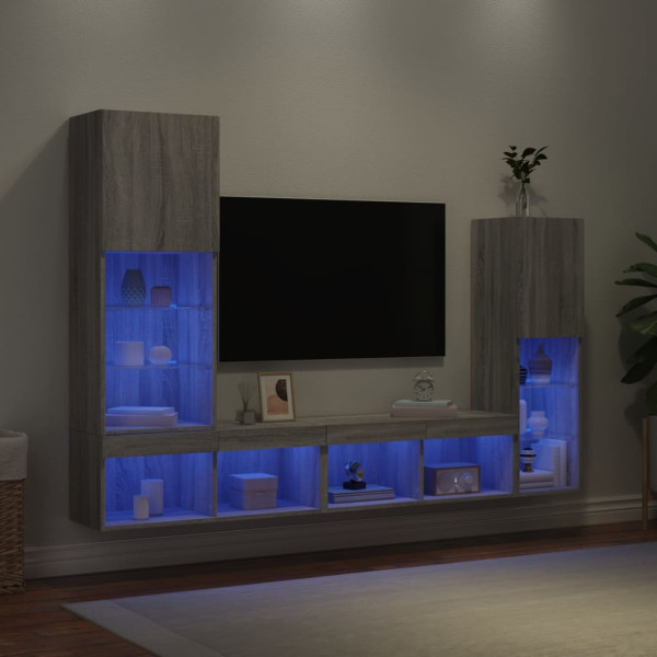 Muebles TV pared con LED 4 pzas madera ingeniería gris Sonoma M 4