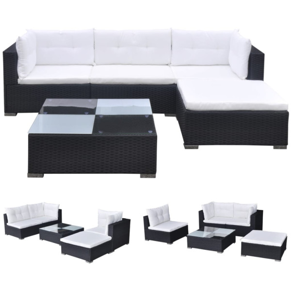 5 pcs conjunto lounge de jardim c/ almofadões vime PE preto M 2