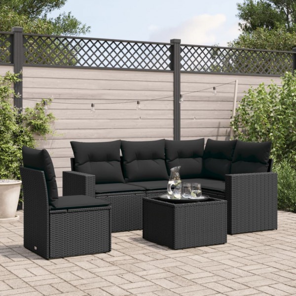 6 pcs conjunto sofás de jardim c/ almofadões vime PE preto D